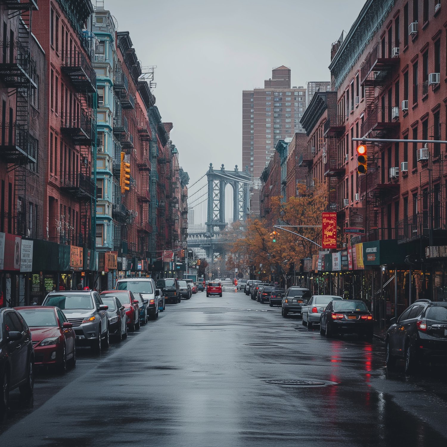 Rainy Urban Street with Bridge View