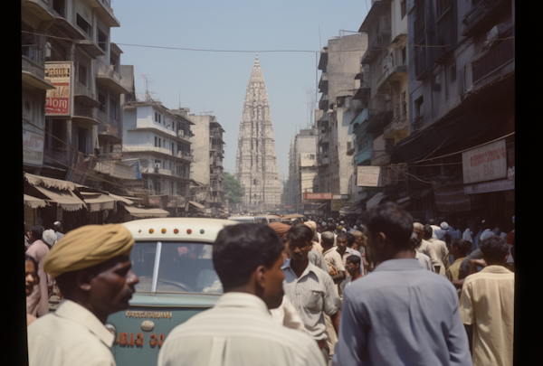 Temple Spire Over Bustling Indian Street