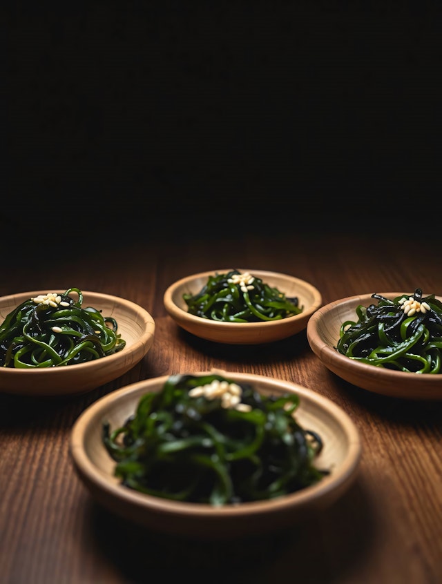 Seaweed and Pine Nuts in Wooden Bowls