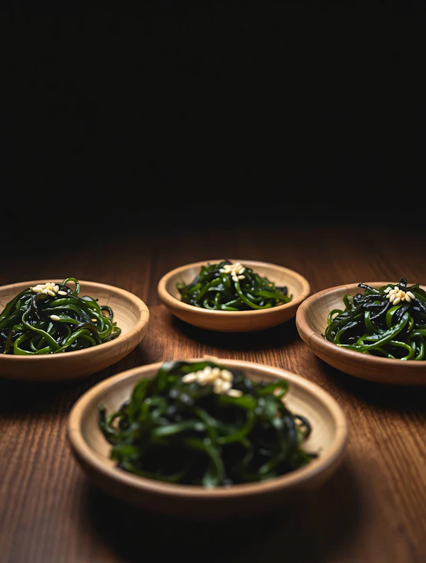 Seaweed and Pine Nuts in Wooden Bowls