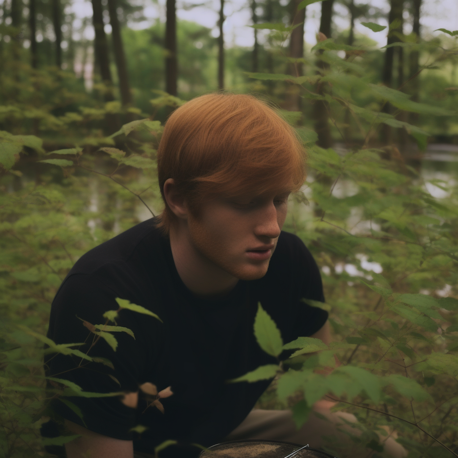 Contemplative Redhead in Serene Woodland