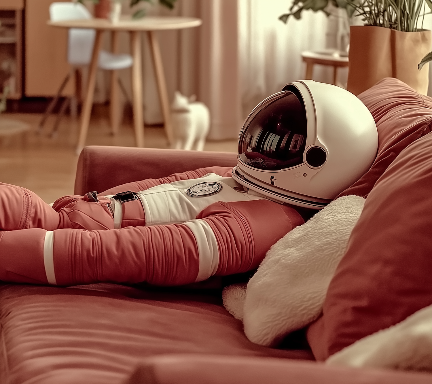 Astronaut on Red Couch