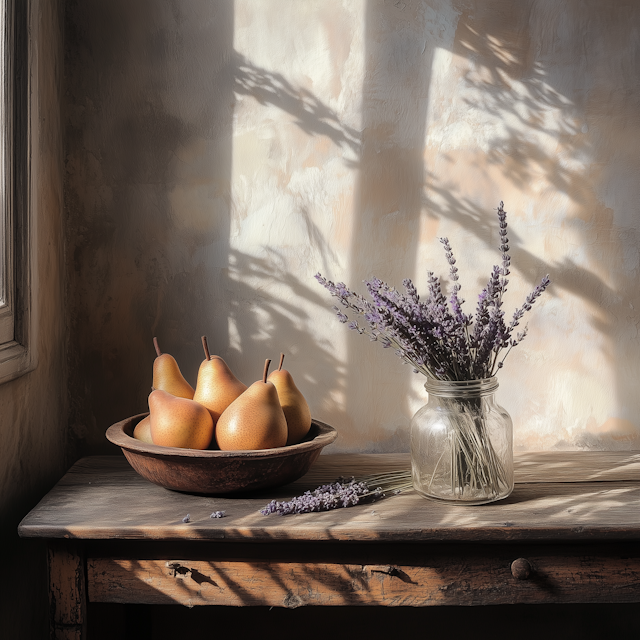 Rustic Still Life with Pears and Lavender