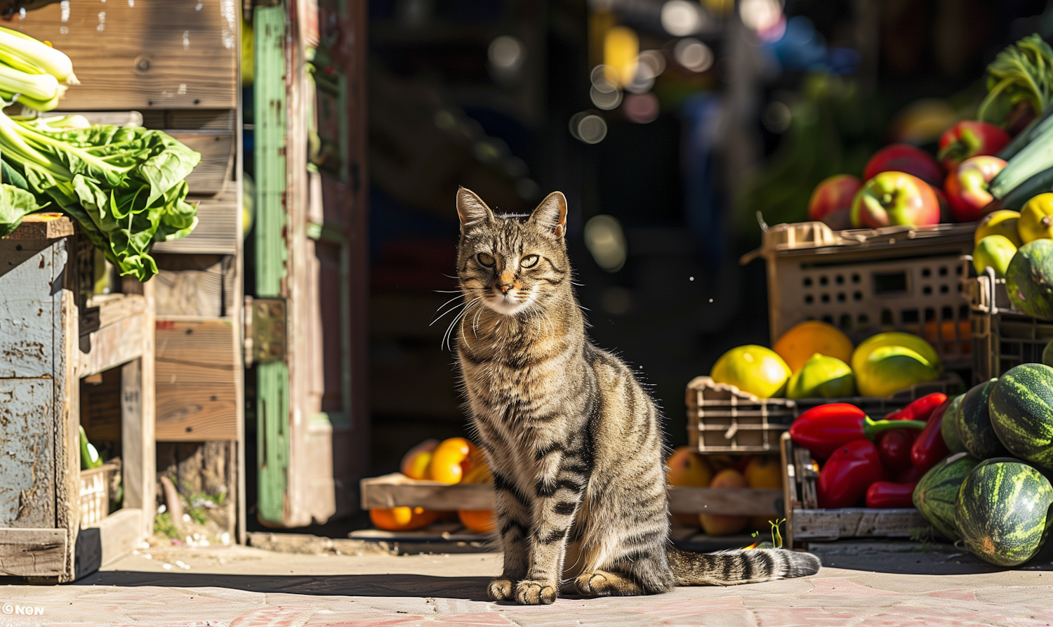 Tabby Cat Amidst Market Produce