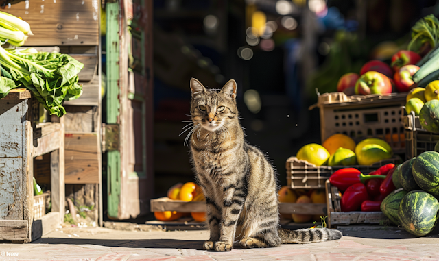 Tabby Cat Amidst Market Produce