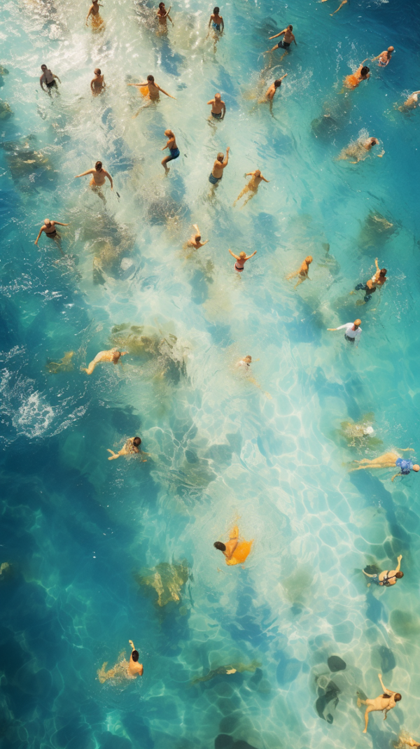 Midday Serenity: Aerial Tapestry of Swimmers in Turquoise Waters