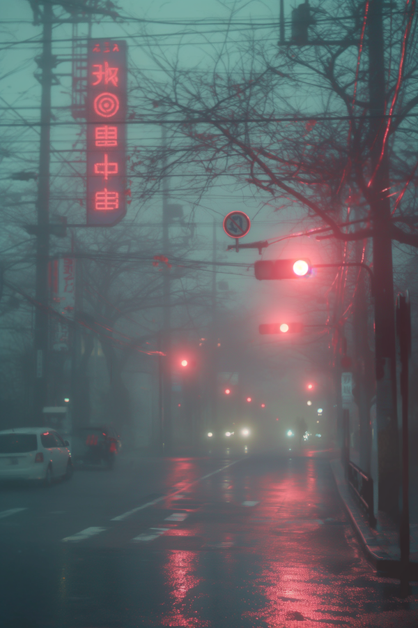 Foggy Urban Street Scene with Neon Lights