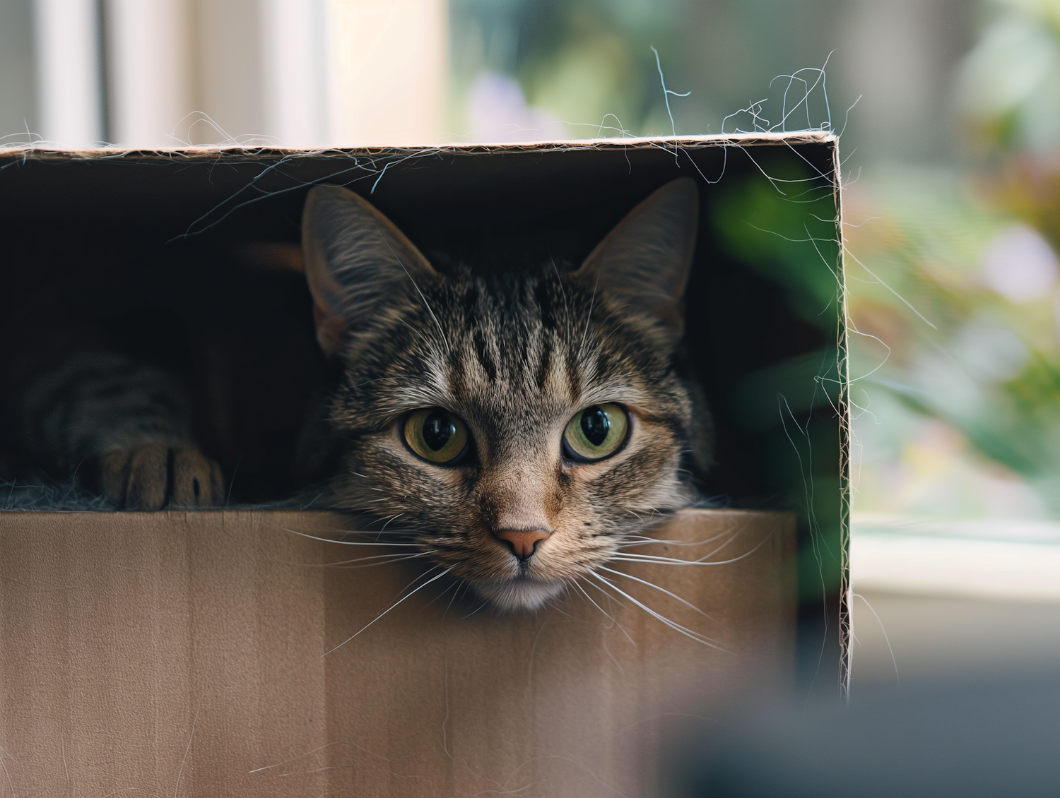 Curious Tabby Cat in Cardboard Box