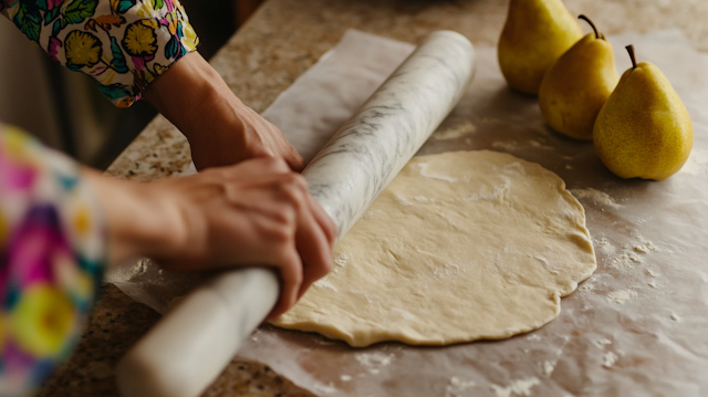 Hands Rolling Dough with Marble Rolling Pin