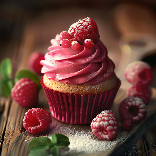 Gourmet Pink Cupcake with Raspberries