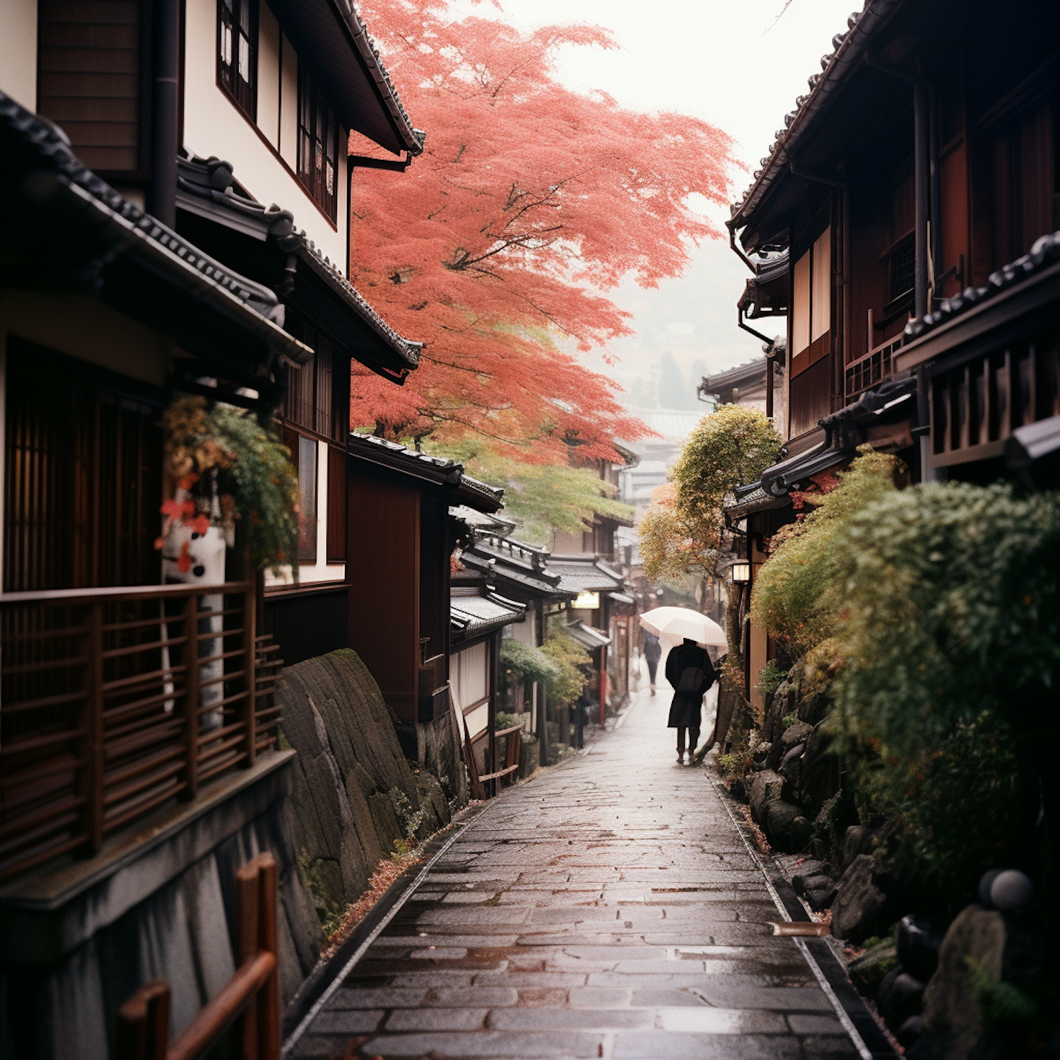 Autumn Serenity on a Rainy Japanese Lane