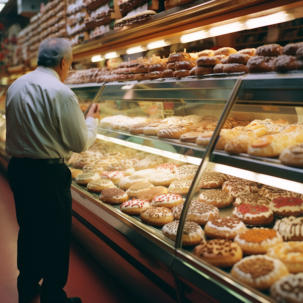 Elderly Gentleman Pondering Donut Choices at a Bakery