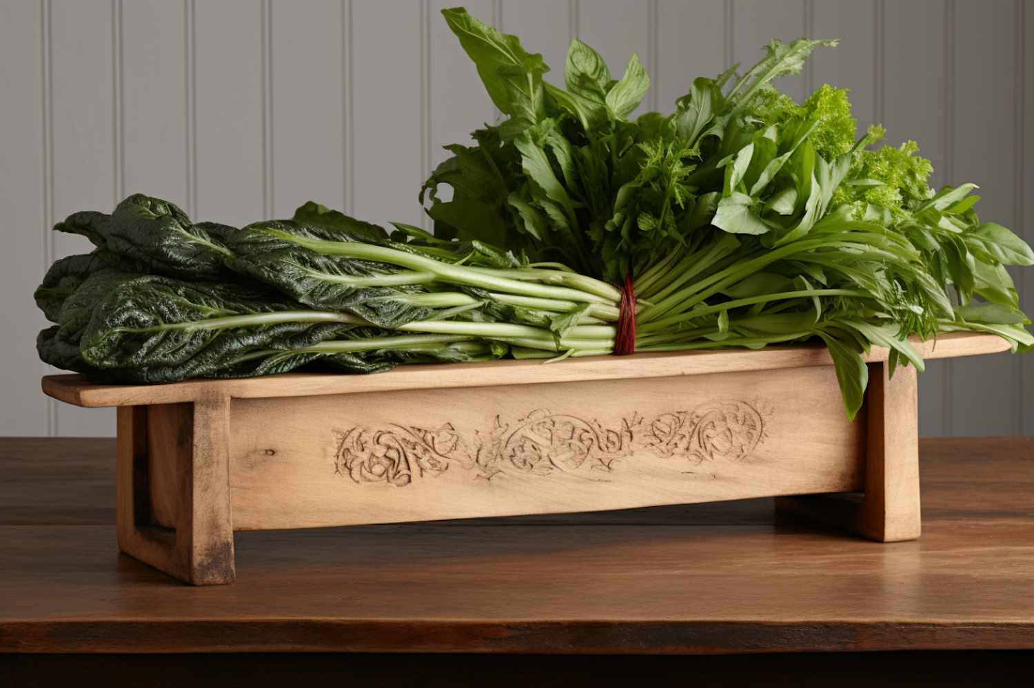 Elevated Wooden Chopping Board with Fresh Leafy Greens