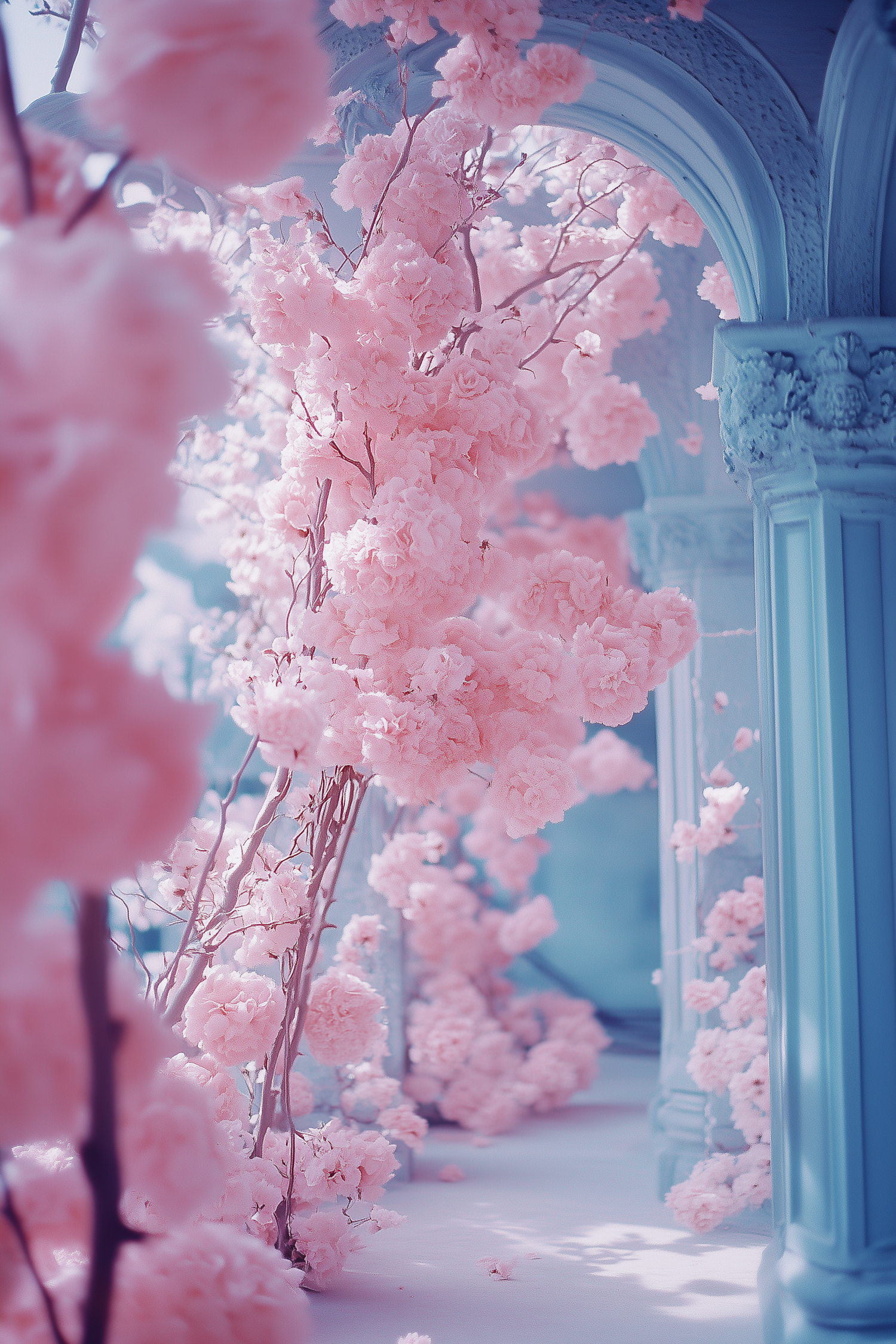 Ethereal Cherry Blossoms and Columns