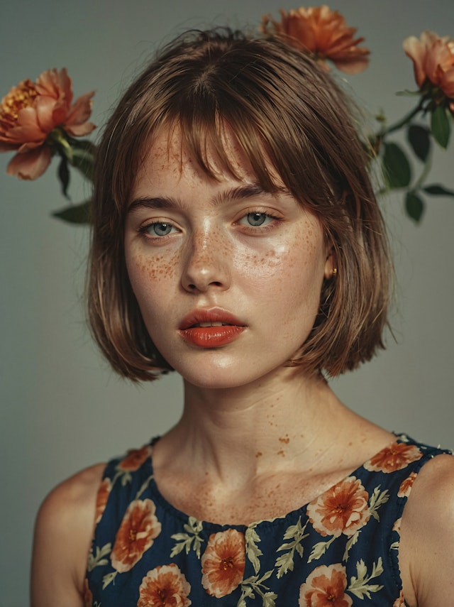 Portrait of a Young Woman with Floral Background