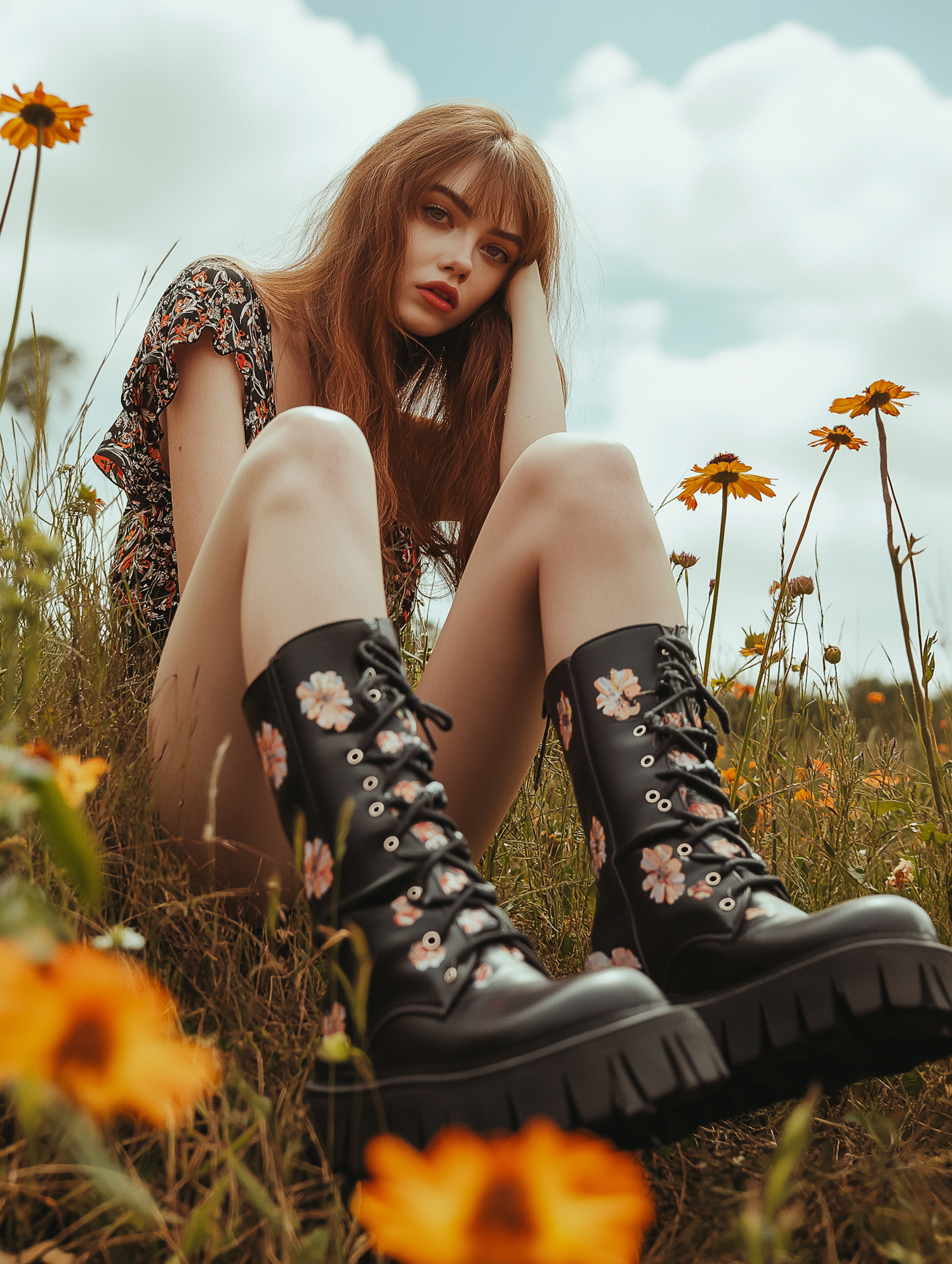 Contemplative Young Woman in Flower Meadow