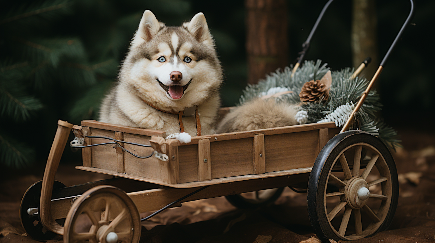 Festive Siberian Husky in Antique Wooden Cart