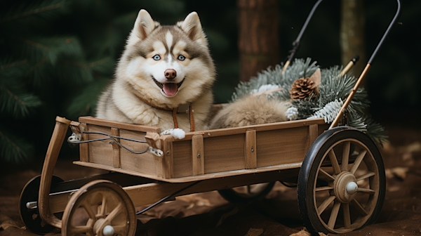 Festive Siberian Husky in Antique Wooden Cart