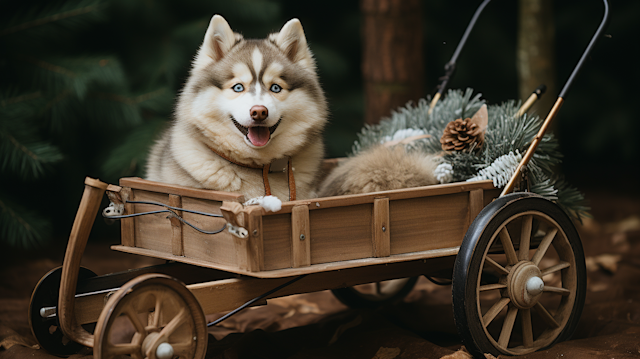 Festive Siberian Husky in Antique Wooden Cart