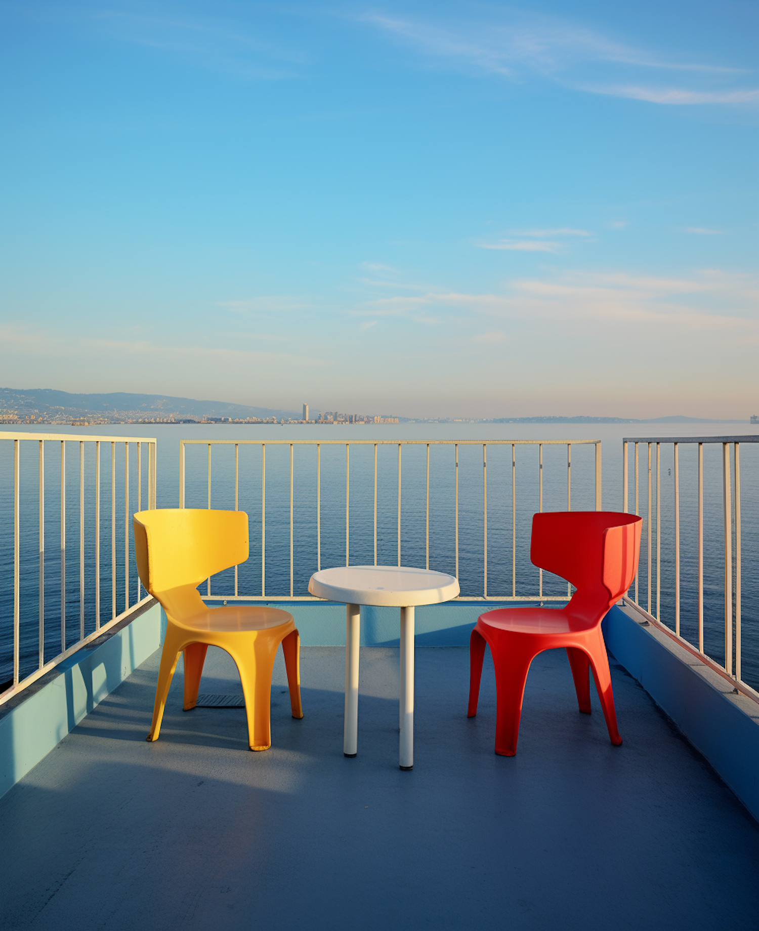 Serene Coastal Balcony with Colorful Chairs