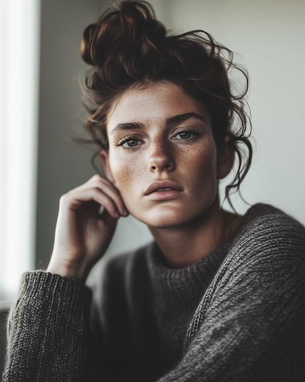 Contemplative Woman with Freckles