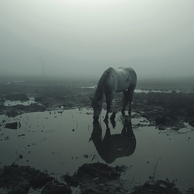 Solitary Horse in Foggy Landscape