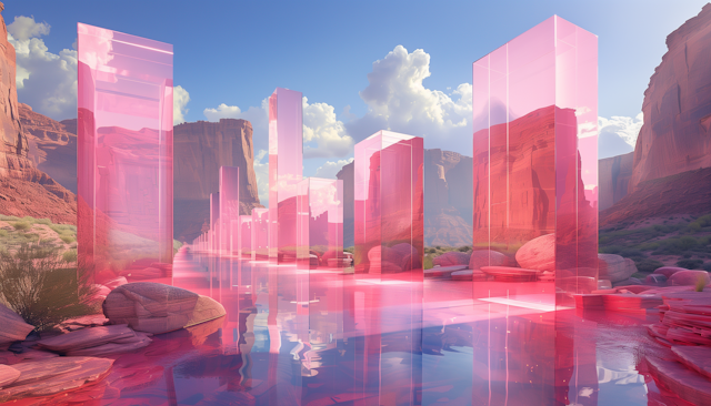 Serene Landscape with Translucent Pink Pillars