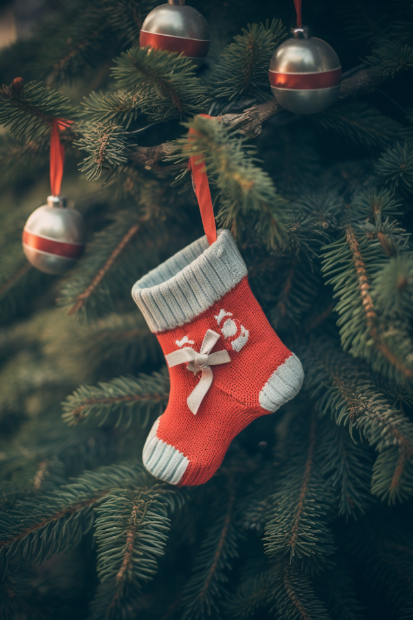 Festive Red Christmas Stocking with Grey Accents on Fir Branch
