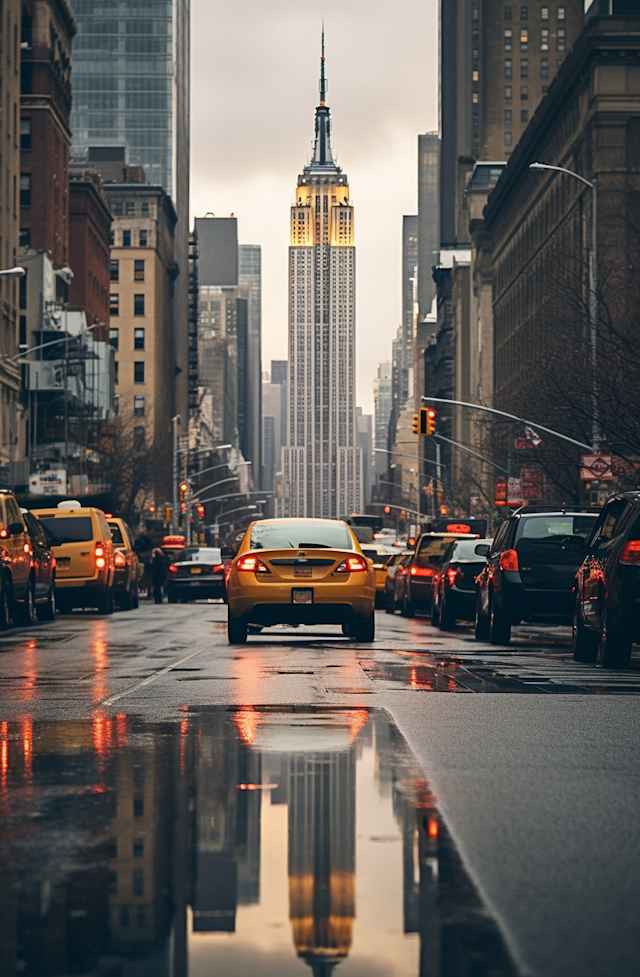 Golden Car on Reflective Road - Empire State Backdrop