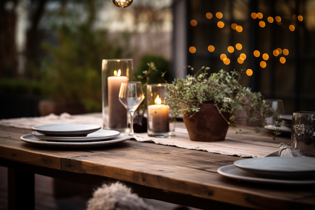 Evening Elegance: Rustic Outdoor Dining Ambiance