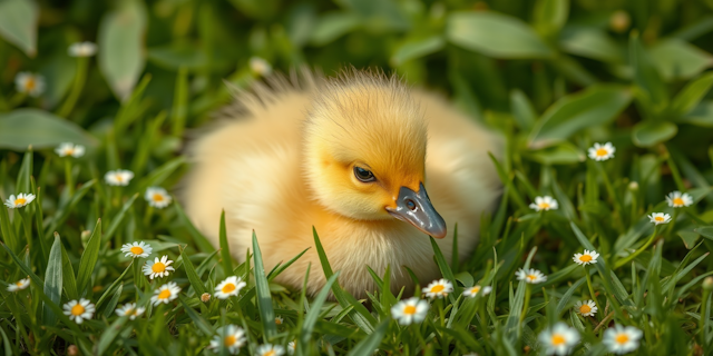 Duckling in Grass with Daisies