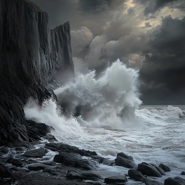 Dramatic Ocean Waves Against Cliff