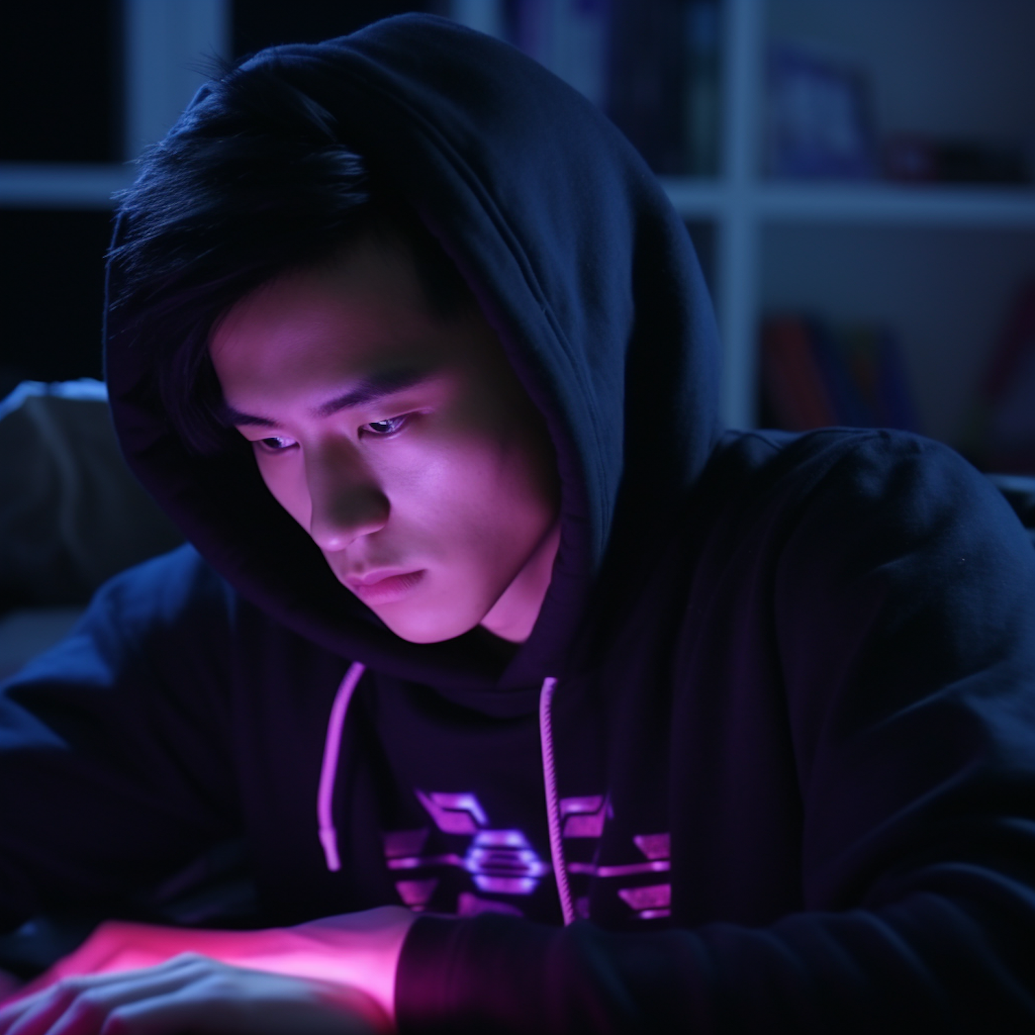 Contemplative Focus in Neon Glow