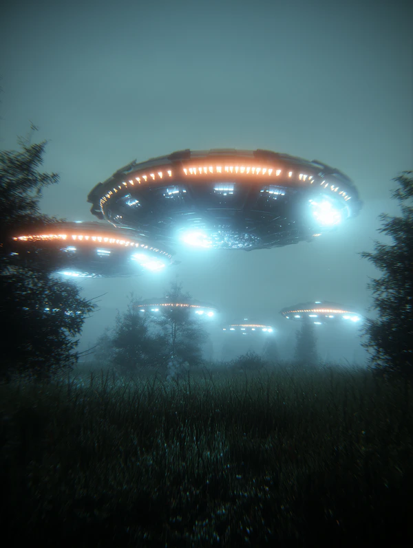 UFOs Over Misty Forest
