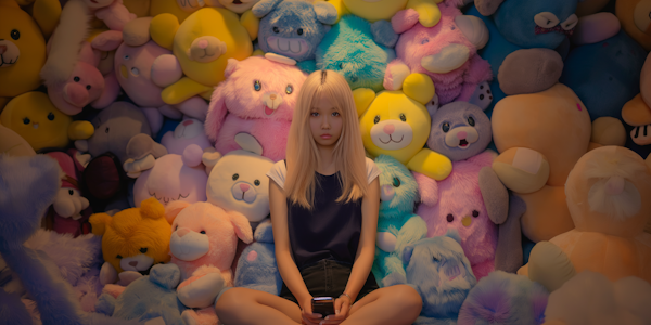 Woman Sitting Among Stuffed Animals