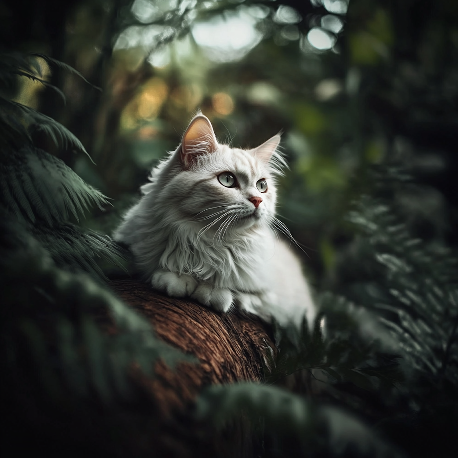 Fluffy White Cat in Lush Greenery