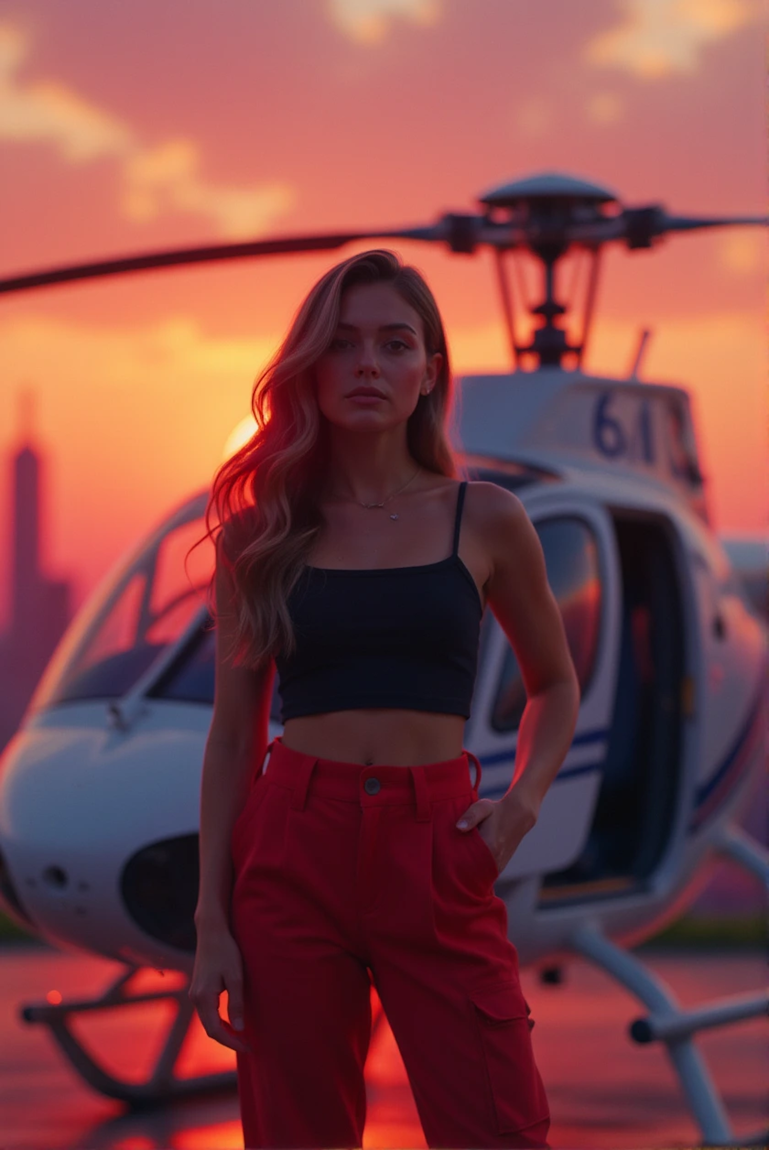 Woman in Front of Helicopter at Sunset