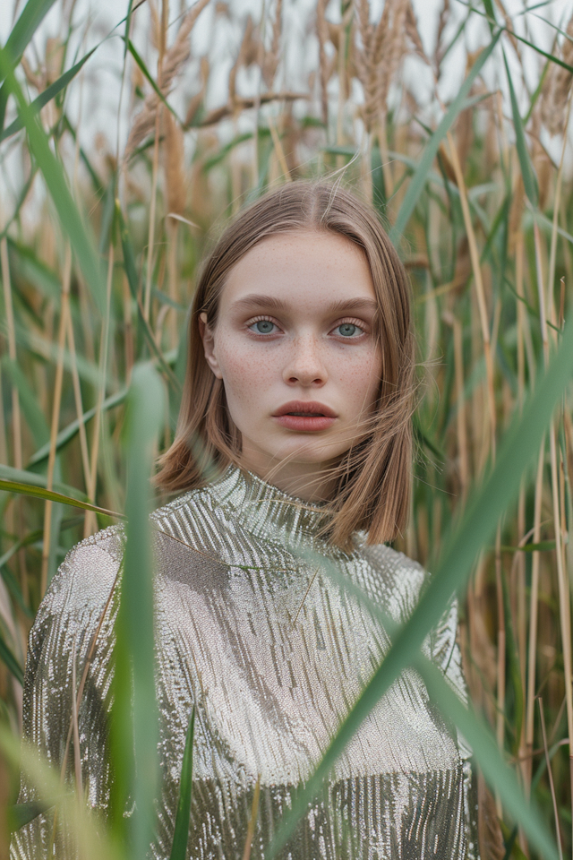 Serene Woman in Metallic Garment Amidst Tall Grass