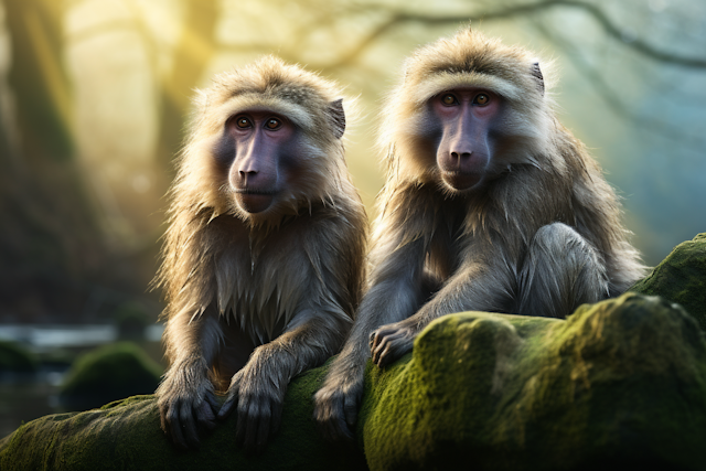 Serene Kinship: Intimate Portrait of Baboons in Golden Light