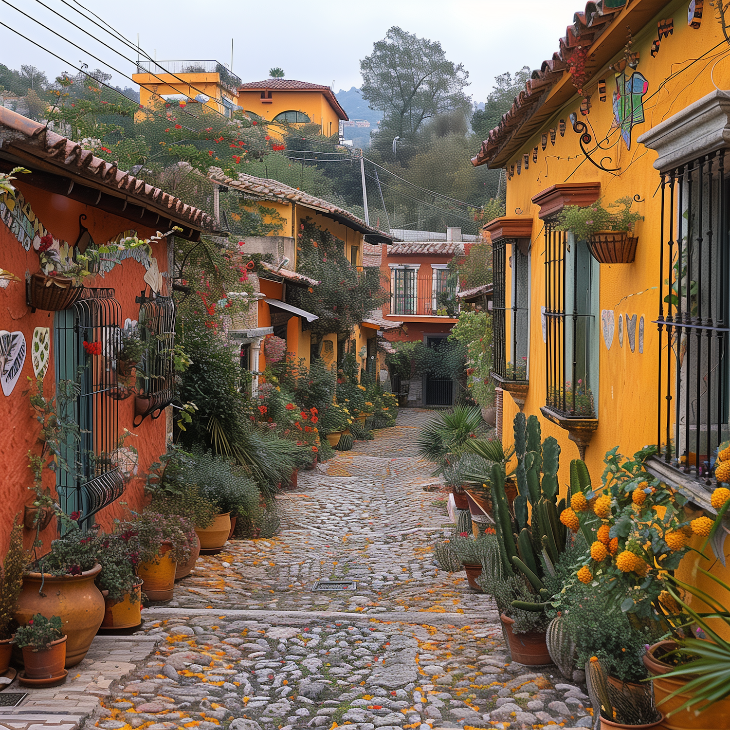 Cobblestone Street With Colorful Houses