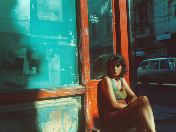 Contemplative Woman Against Red and Teal Backdrop