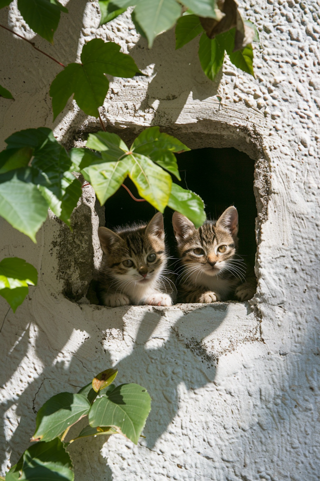 Curious Kittens Peering Through Wall