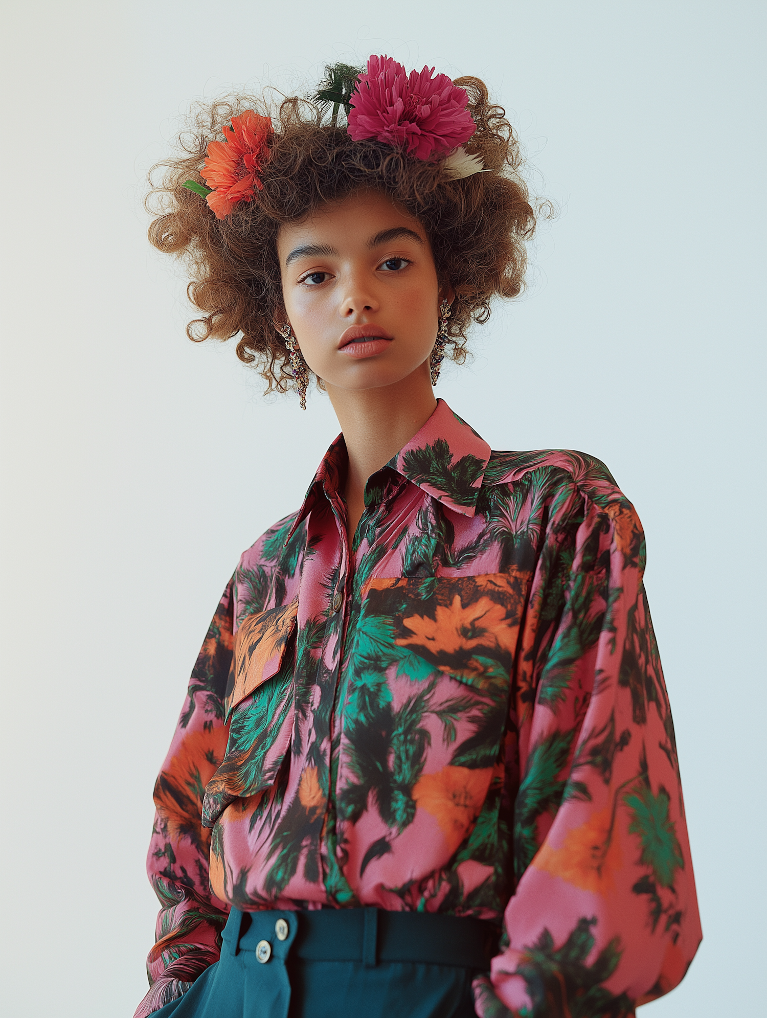 Contemplative Young Woman with Floral Adornments