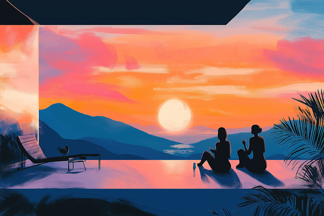 Serene Coastal Sunset with Two Figures