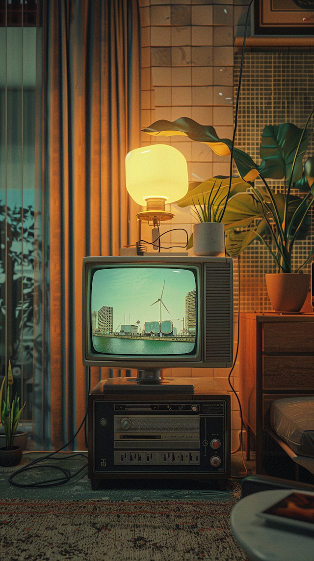 Vintage TV and Futuristic Cityscape