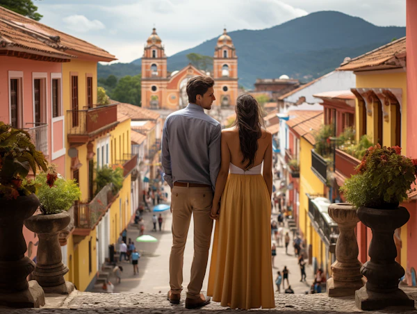 Couple Overlooking Colorful Colonial Street
