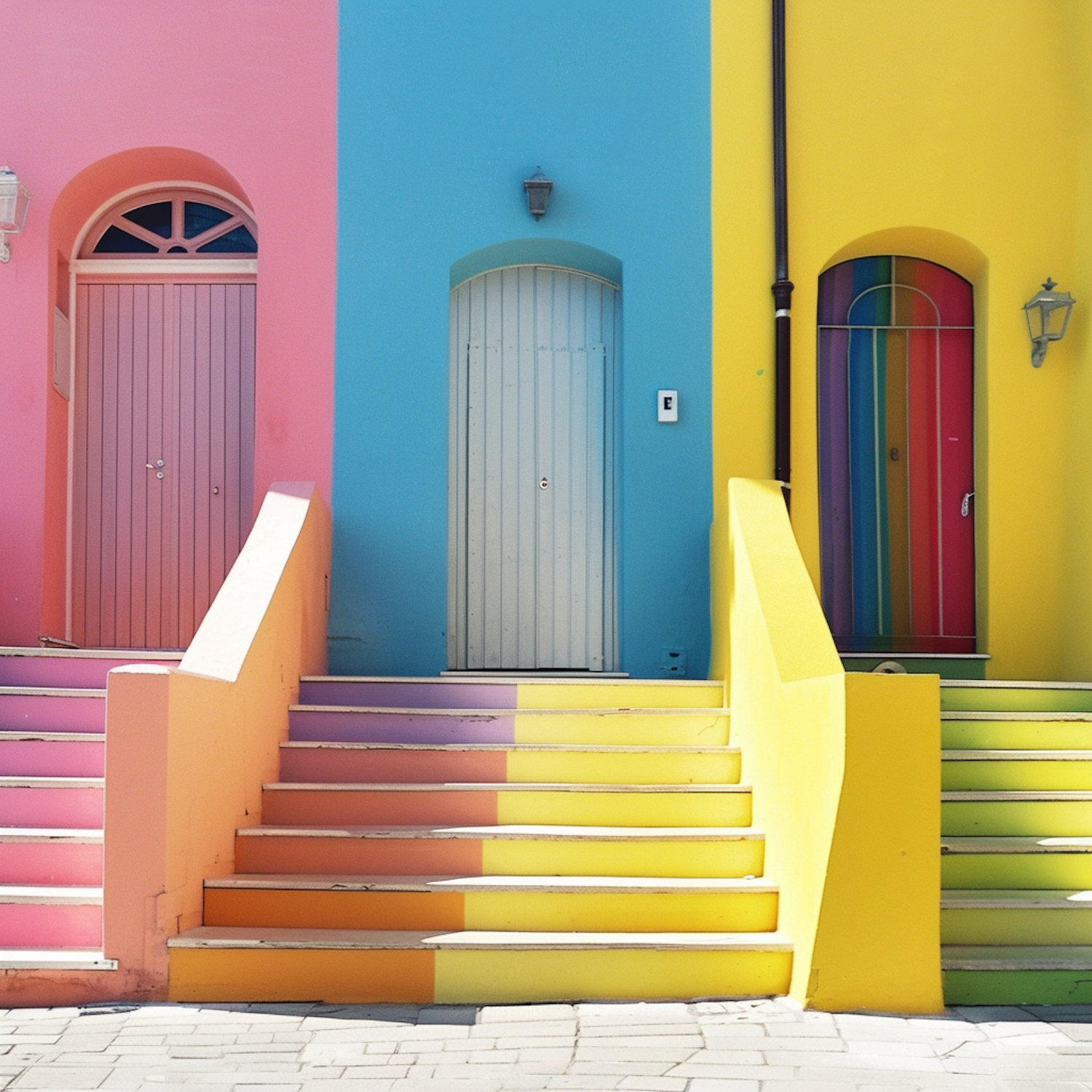 Vibrant Staircase to Colorful Doors