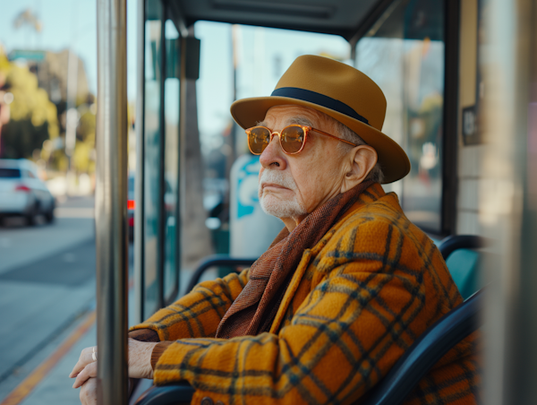 Contemplative Elderly Man in Public Bus