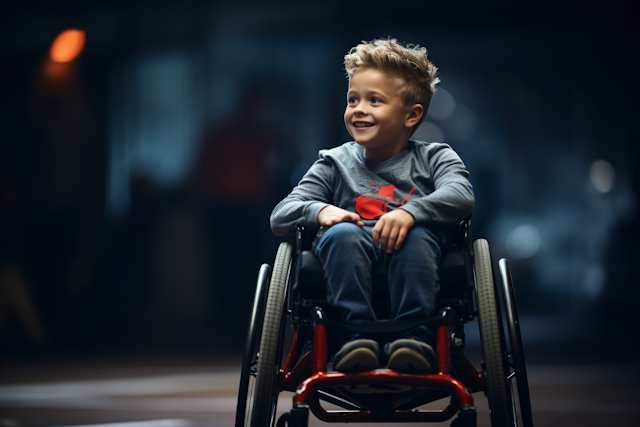 Joyful Boy in Modern Red Wheelchair