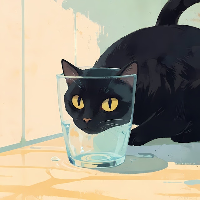 Curious Black Cat with Glass